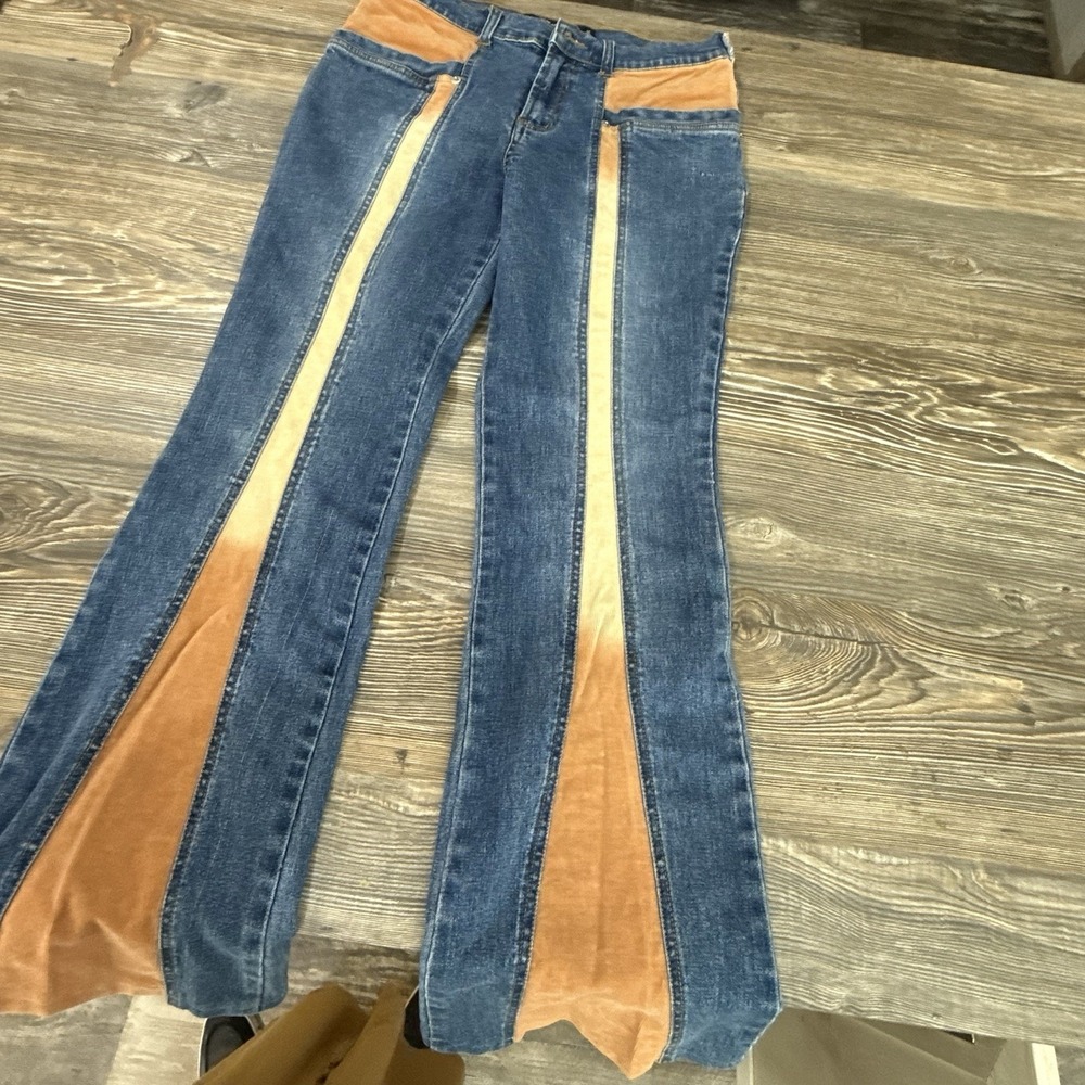 VTG Hippie Style Angfu Flare Leg Jeans With Orange corduroy Stripes 11